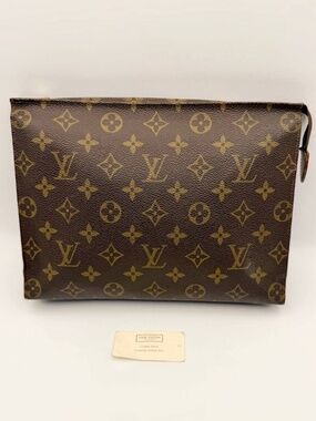 Authentic Louis Vuitton Monogram Brown Leather Toiletry Travel Pouch Clutch Bag